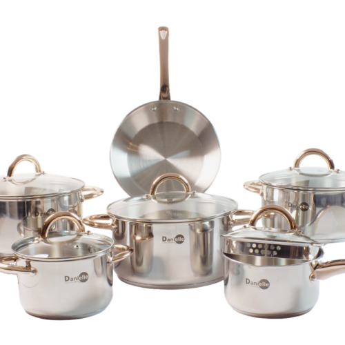 13 Piece Cookware Set with Glass Lids & Gold Handles