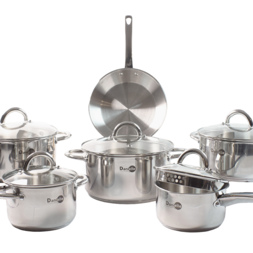 13 Piece Cookware Set with Glass Lids & Silver Handles