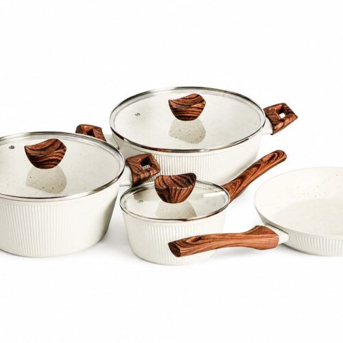 7-Piece Cream Cookware Set with Dark Brown Wood-Look Handles