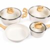 7-Piece Cream Cookware Set with Light Brown Wood-Look Handles